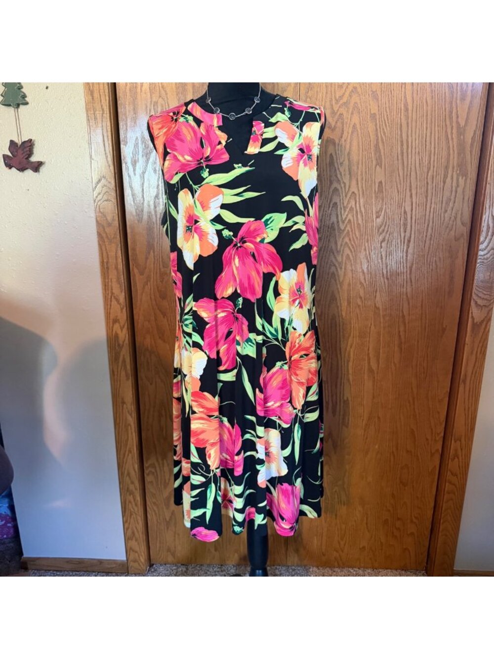 Chicos Womens Dress Size 2 Black Sleeveless Floral Midi Polyester Spandex Blend
